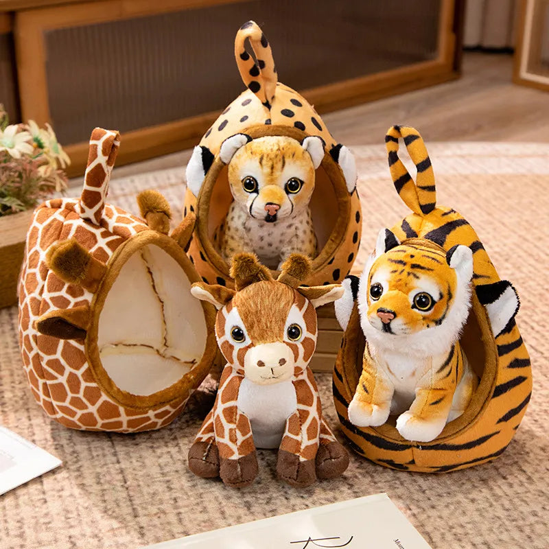 Lifelike Tiger Lion Giraffe Forest Nest House Plushie Set