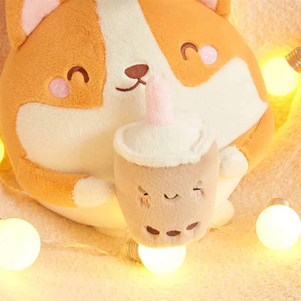 Boba-Sipping Chubby Kawaii Corgi Plushie