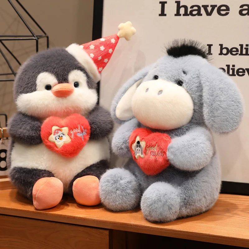 Chonky Heart-Hugging Donkey & Penguin Plushies