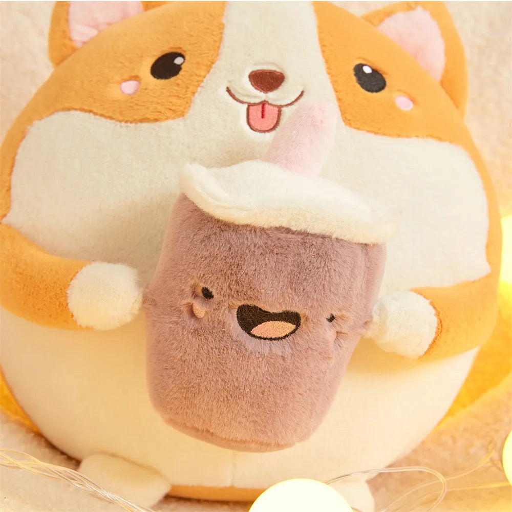 Boba-Sipping Chubby Kawaii Corgi Plushie
