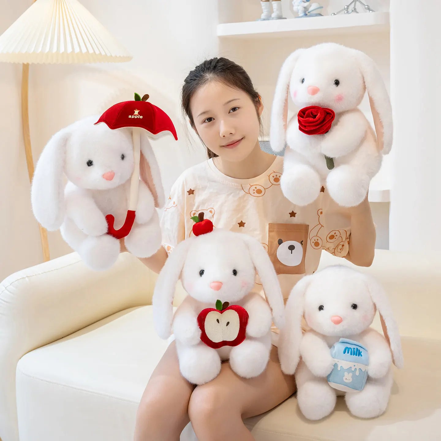 Rosy the Kawaii Bunny Holding Rose Plush Pillow