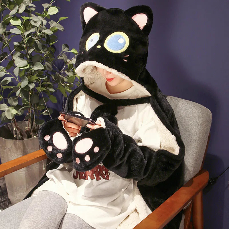 Shadow the Kawaii Black Cat Dinosaur Cloak Cape Plush Blanket