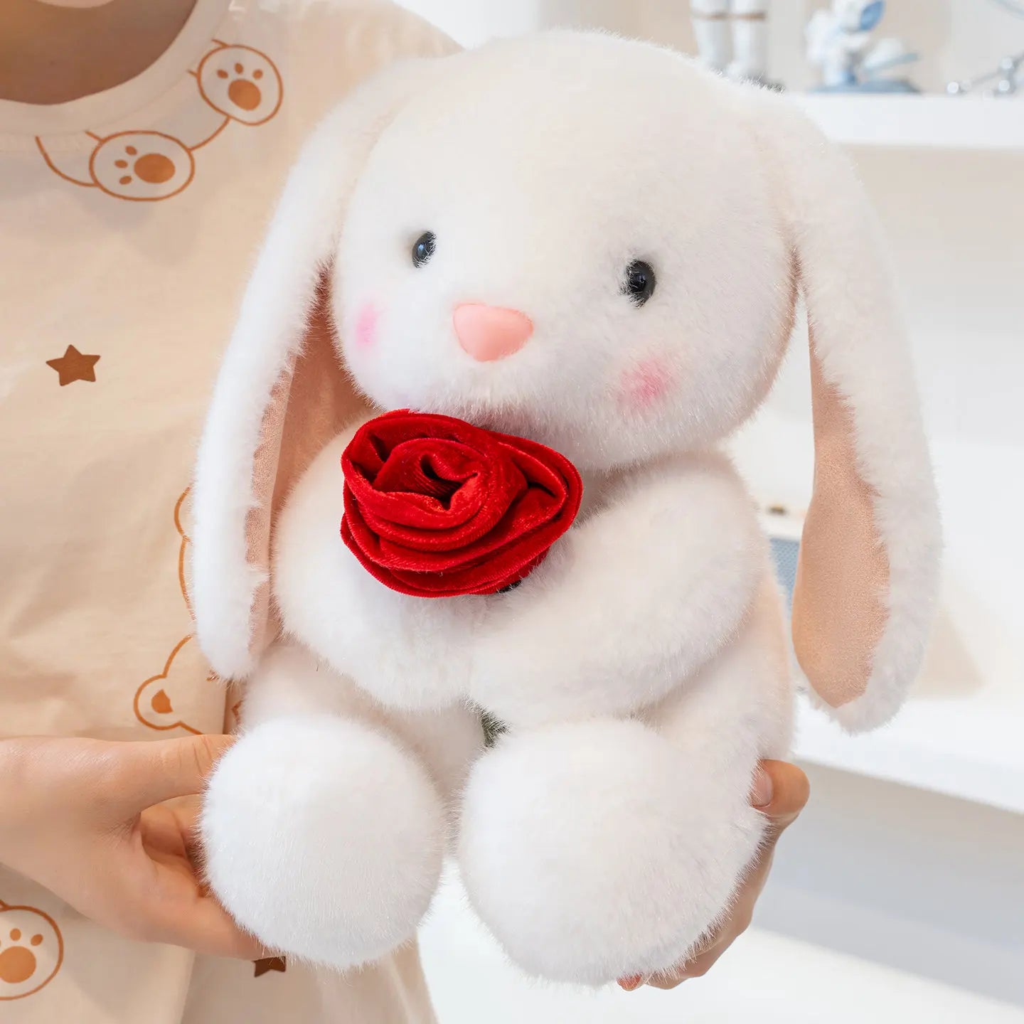 Rosy the Kawaii Bunny Holding Rose Plush Pillow