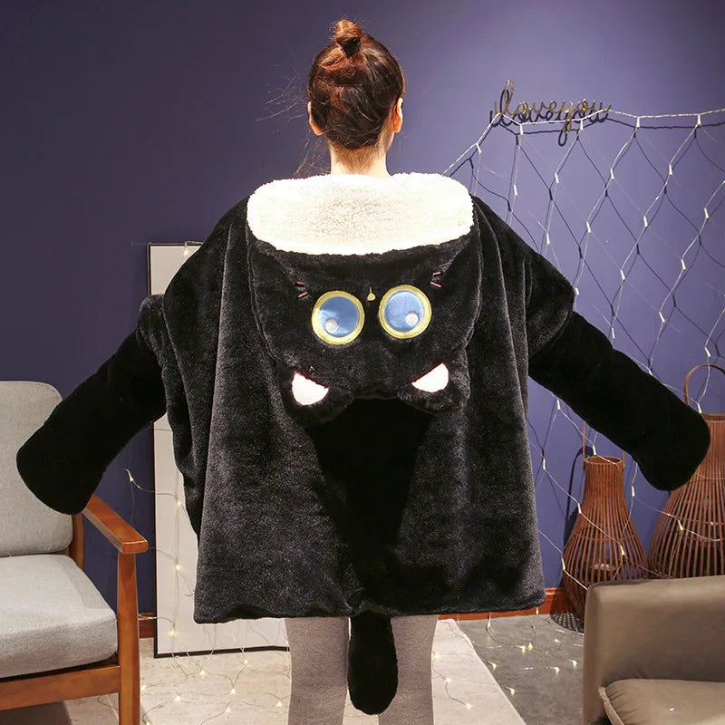 Shadow the Kawaii Black Cat Dinosaur Cloak Cape Plush Blanket