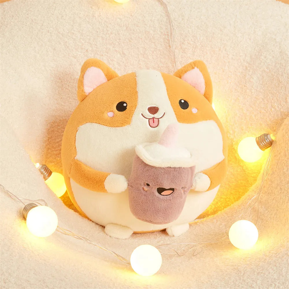 Boba-Sipping Chubby Kawaii Corgi Plushie