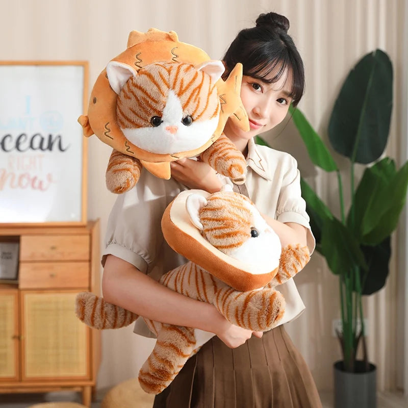 Lounging Cat with Fish Bread Kawaii Plushie