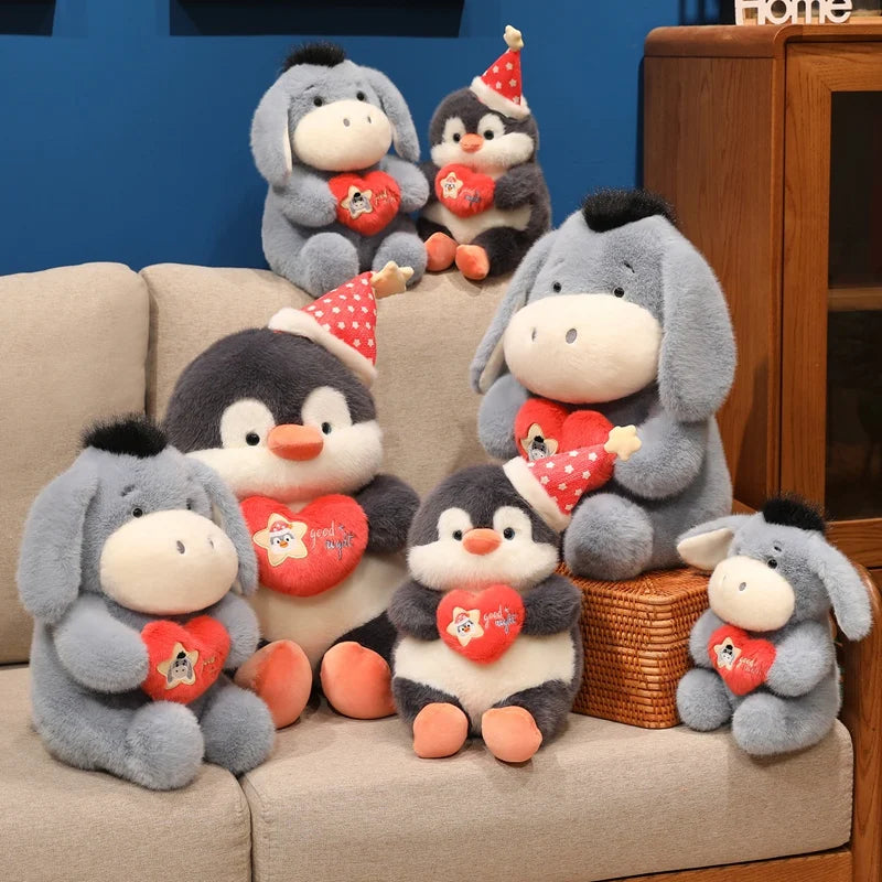 Chonky Heart-Hugging Donkey & Penguin Plushies