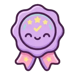 Purple cartoon-like badge with a smiling face on a white background