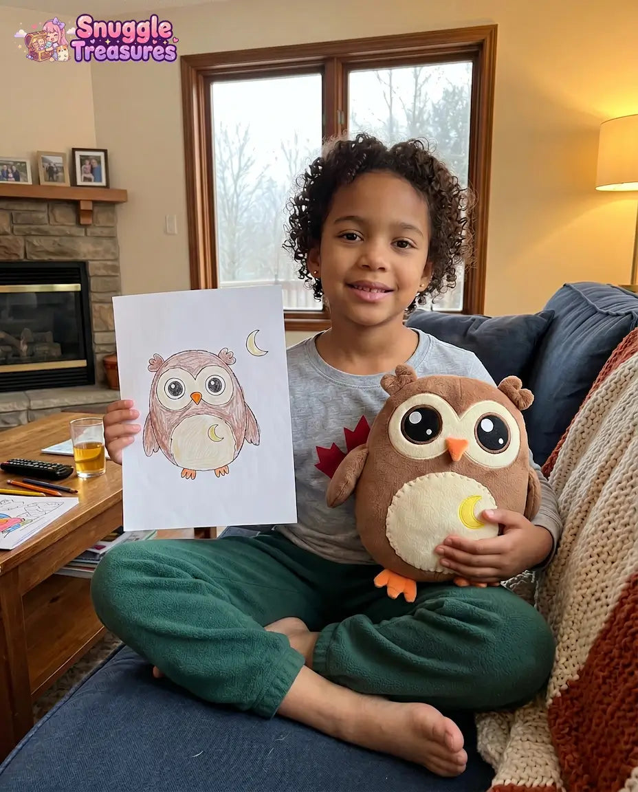 custom stuffed animal from drawing handmade plush — child holding a drawing of an owl and a plush owl toy in a cozy living room.