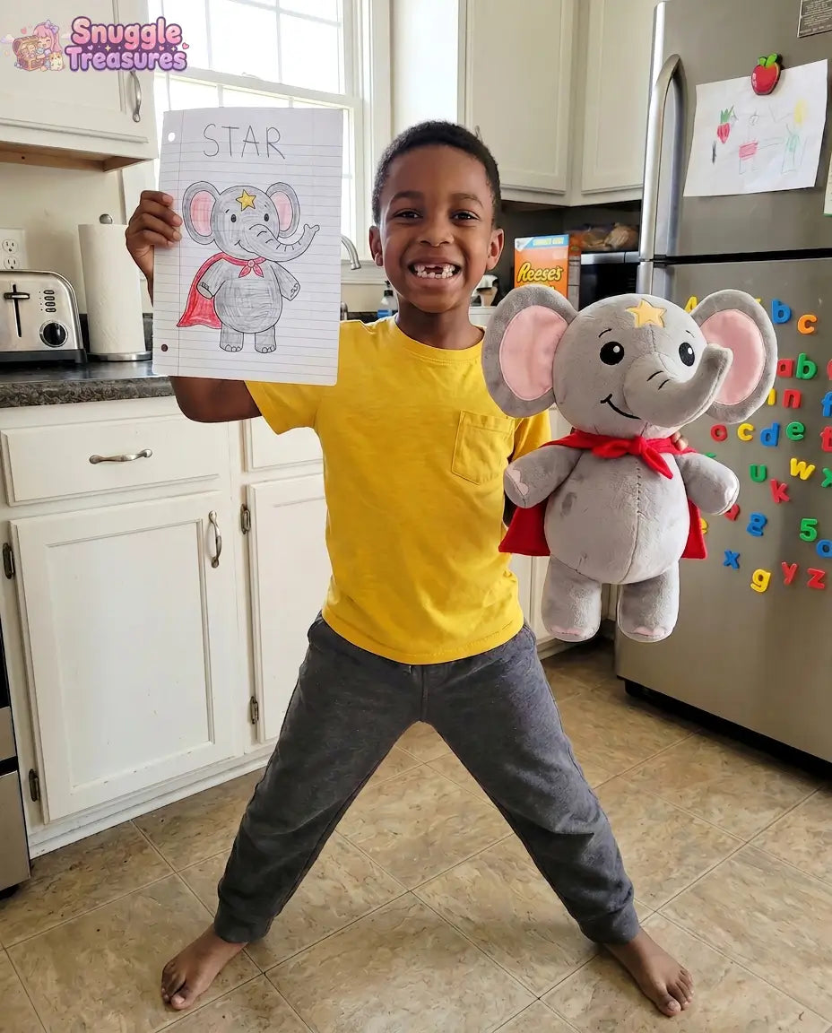 custom stuffed animal from drawing handmade plush — child holding a coloring book with an elephant and a plush toy in a kitchen.