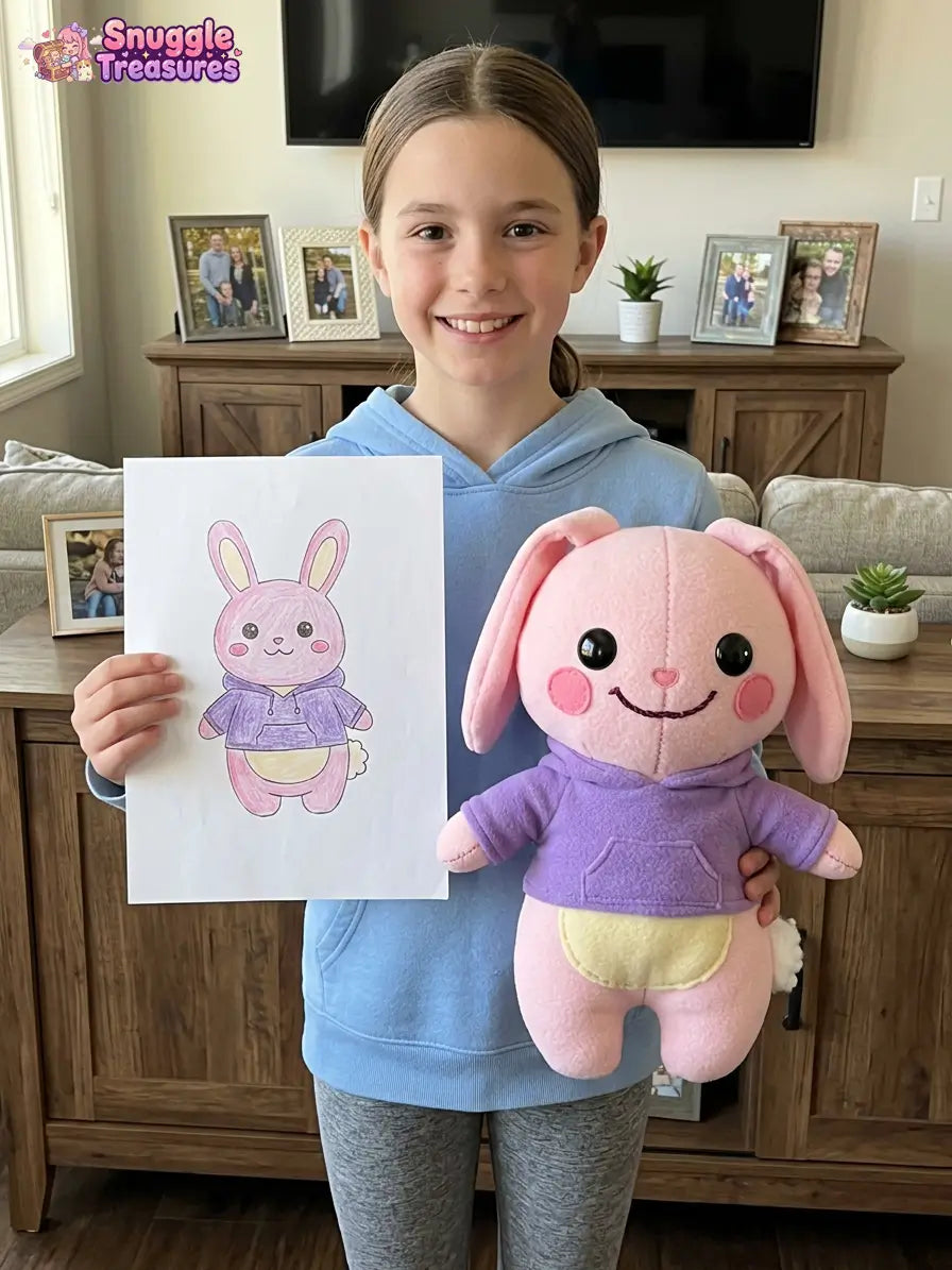 custom stuffed animal from drawing handmade plush — girl holding a drawing of a plush toy with a pink bunny design in a living room.