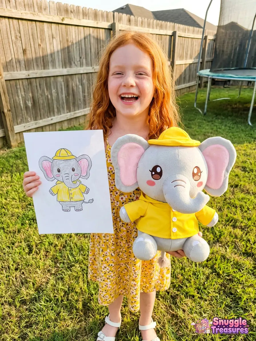 custom stuffed animal from drawing handmade plush — child holding a drawing of an elephant and a plush toy elephant in a backyard.