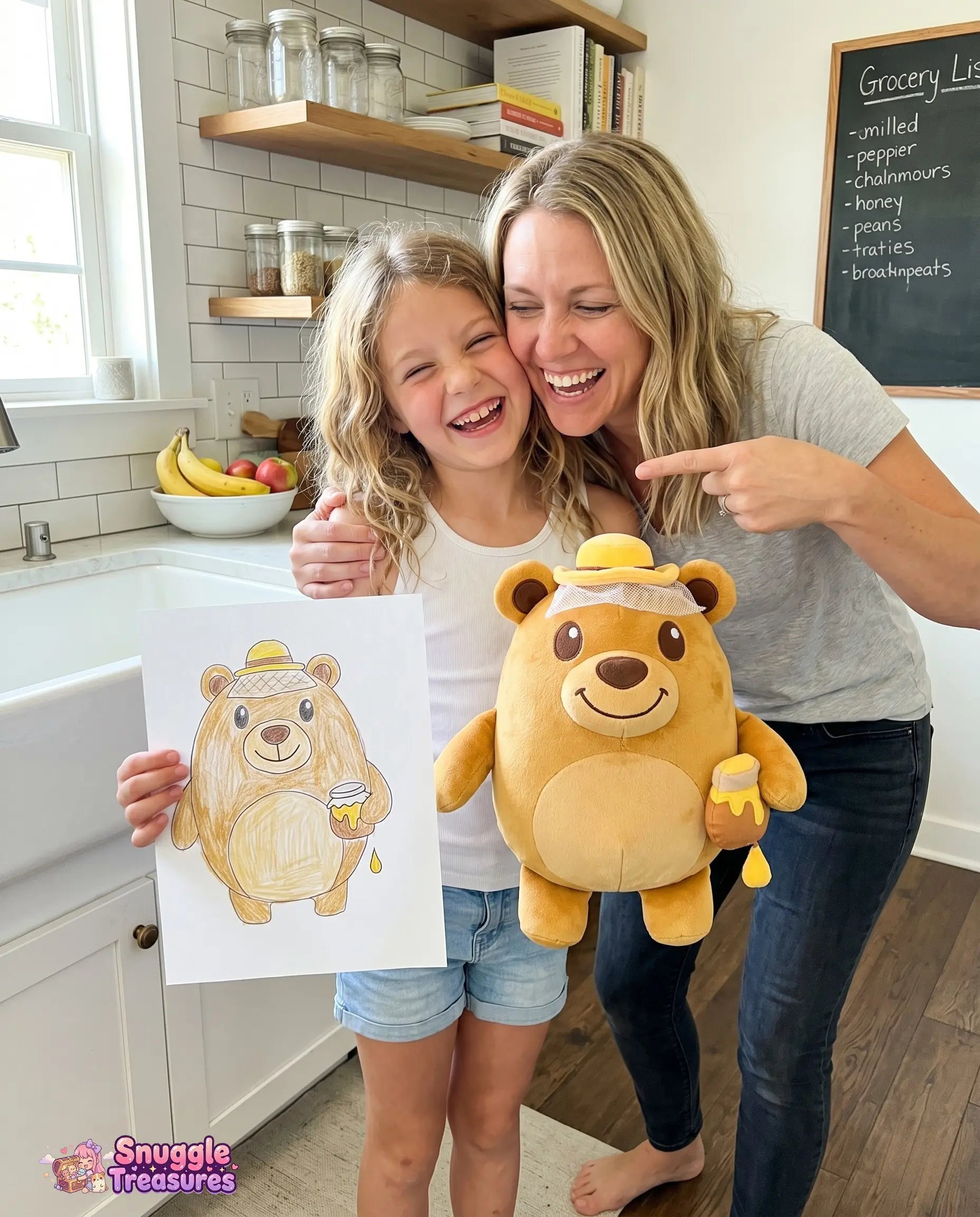 custom stuffed animal from drawing handmade plush — woman and child holding a bear plushie next to the original drawing in a kitchen