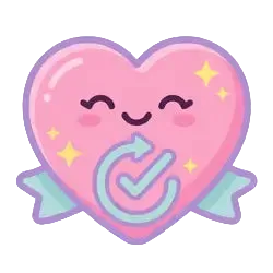 Heart-shaped character with a smiley face and a blue circle on a white background