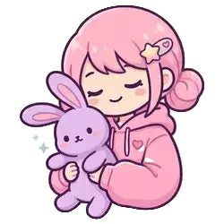 Cartoon character with pink hair holding a purple bunny, surrounded by stars.