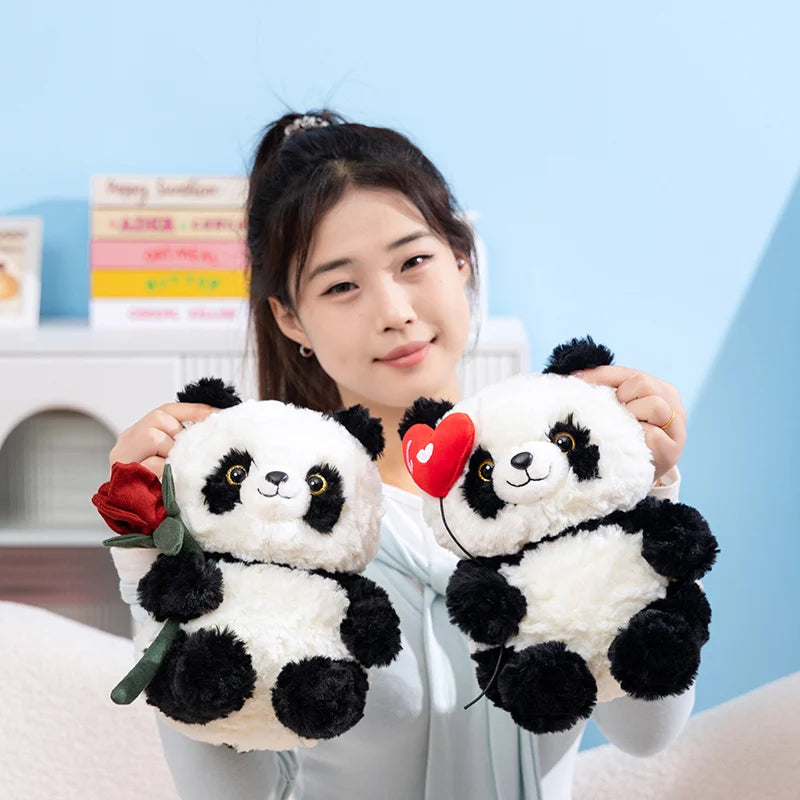Bamboo the Kawaii Panda with Rose Heart Plush Pillow