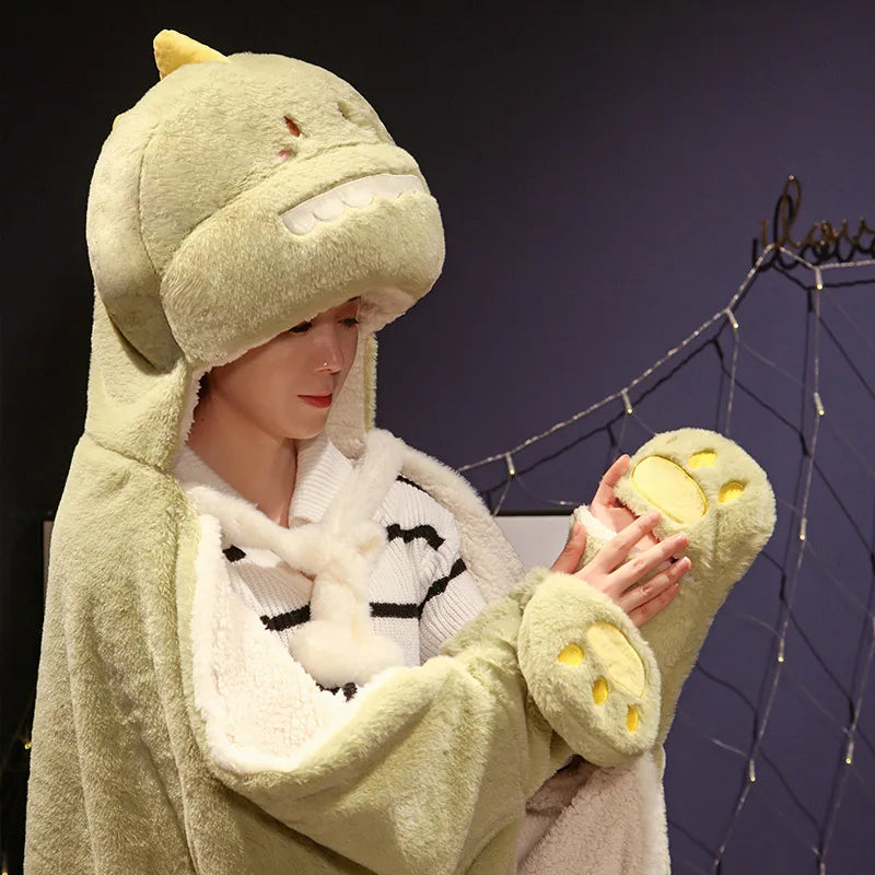 Shadow the Kawaii Black Cat Dinosaur Cloak Cape Plush Blanket