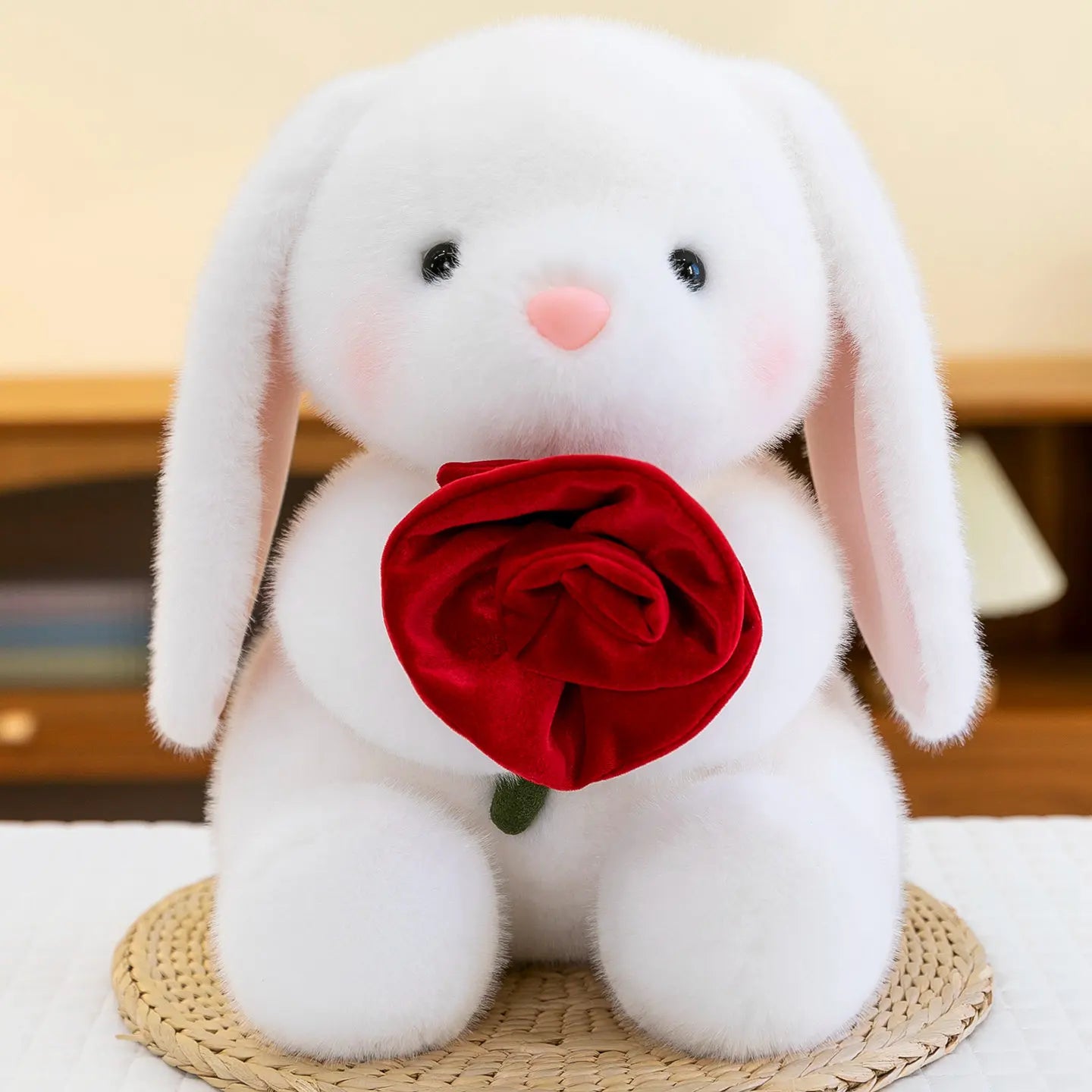 Rosy the Kawaii Bunny Holding Rose Plush Pillow