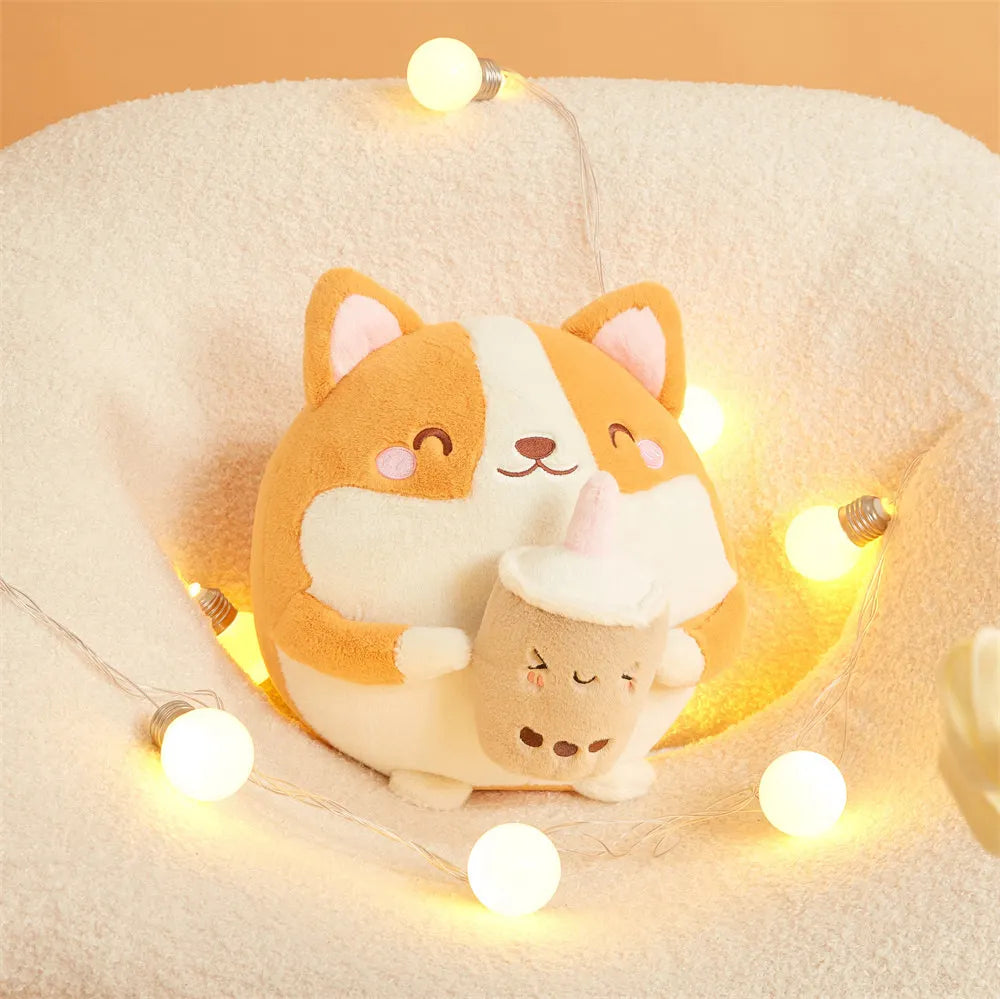 Boba-Sipping Chubby Kawaii Corgi Plushie