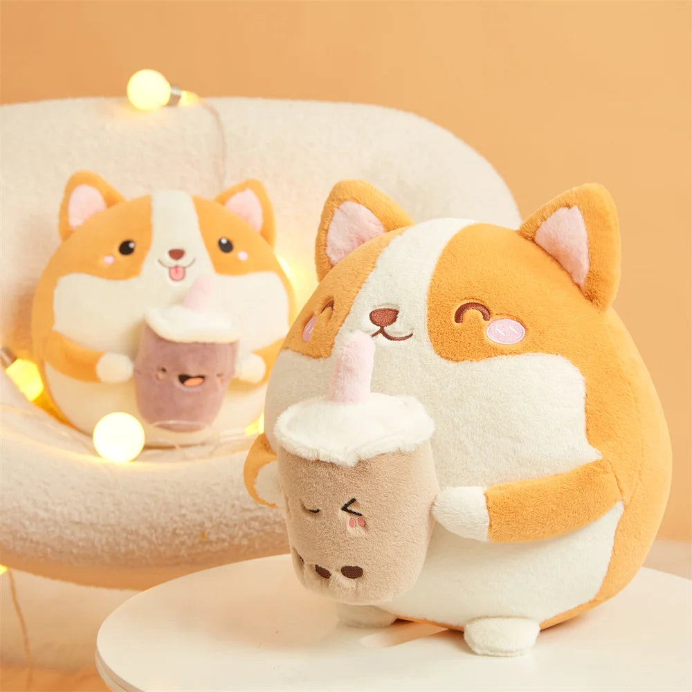 Boba-Sipping Chubby Kawaii Corgi Plushie