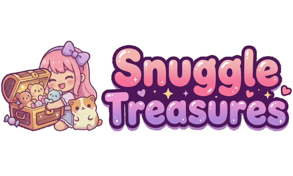 Logo for 'Snuggle Treasures' with a character holding teddy bears and a chest on a green background.