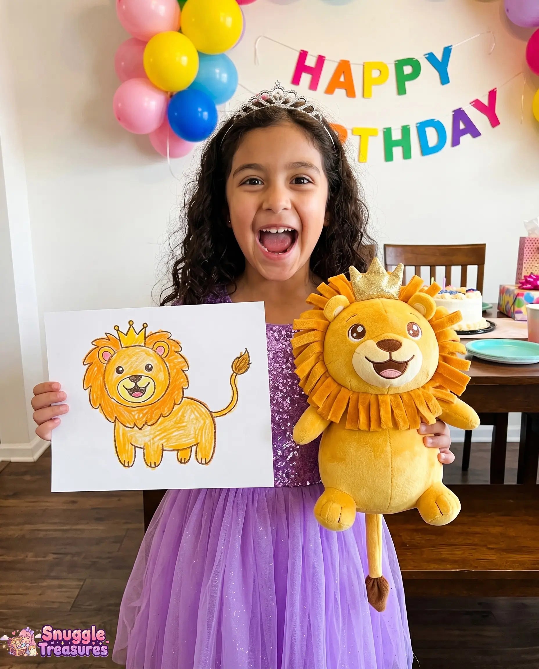 custom stuffed animal from drawing handmade plush — young girl in a purple dress with a lion plush toy and drawing, celebrating a birthday with balloons and 'Happy Birthday' sign.