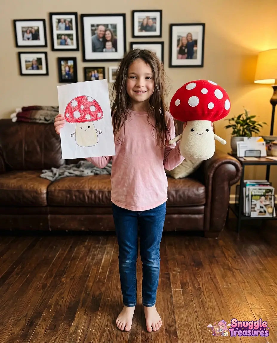 custom stuffed animal from drawing handmade plush — young girl holding a drawing of a mushroom plush toy in a living room.
