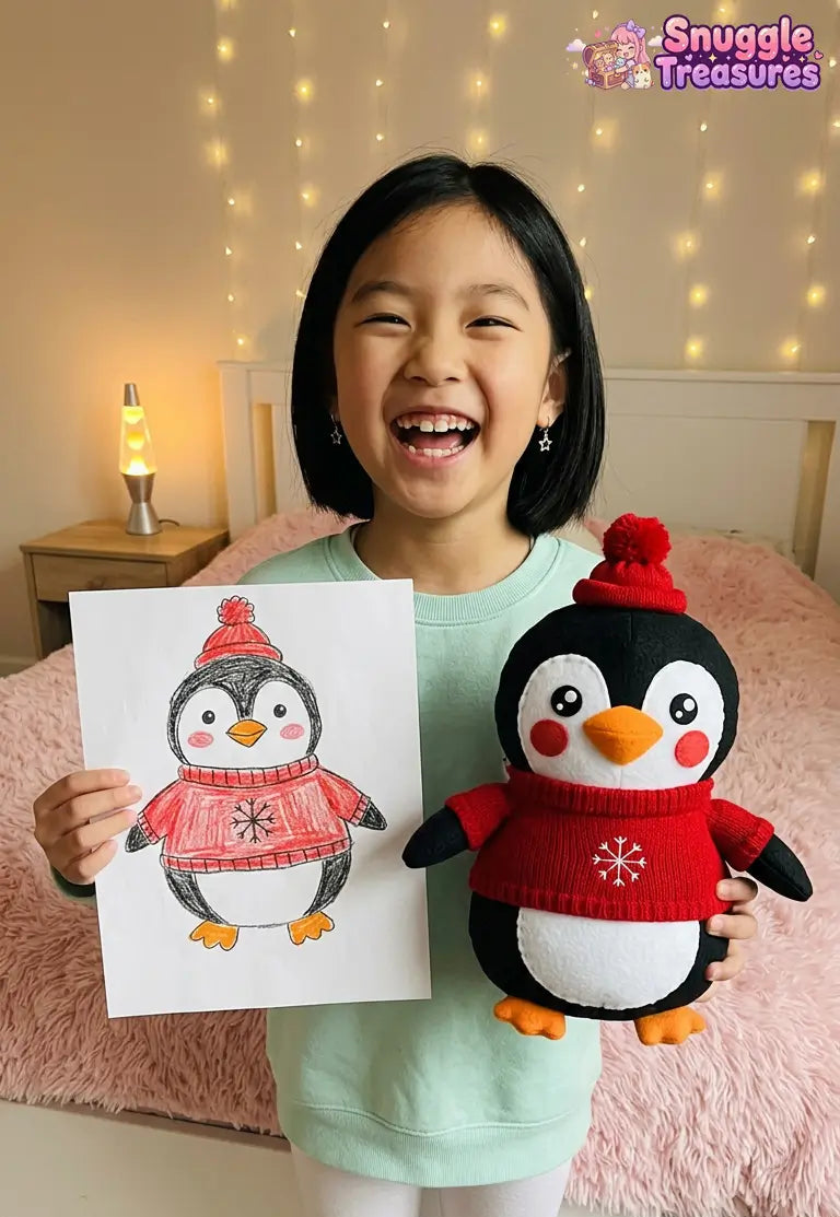 custom stuffed animal from drawing handmade plush — child holding a drawing of a penguin and a plush toy penguin in front of a bed with string lights.