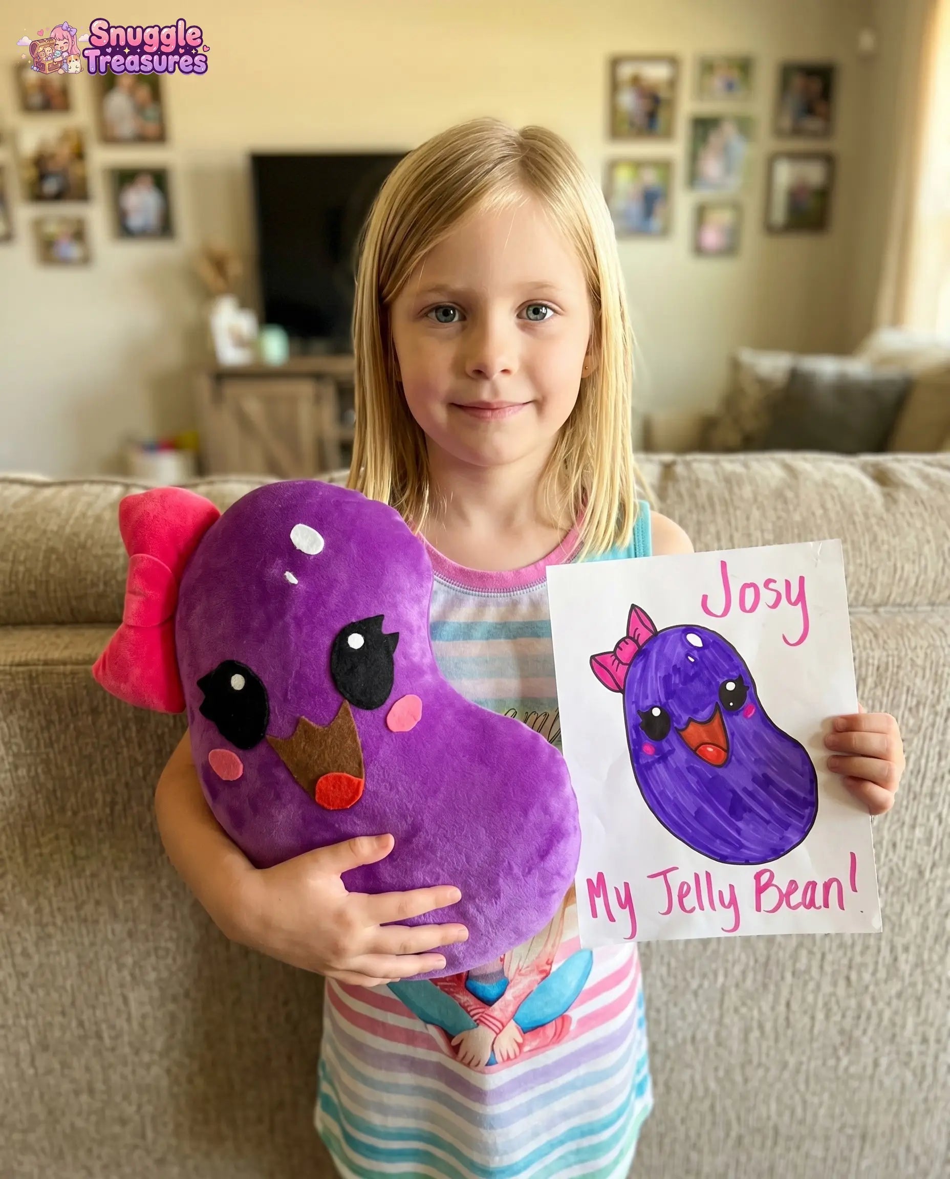 custom stuffed animal from drawing handmade plush — young girl holding a purple plush toy and a drawing of the same toy named 'Josy'.