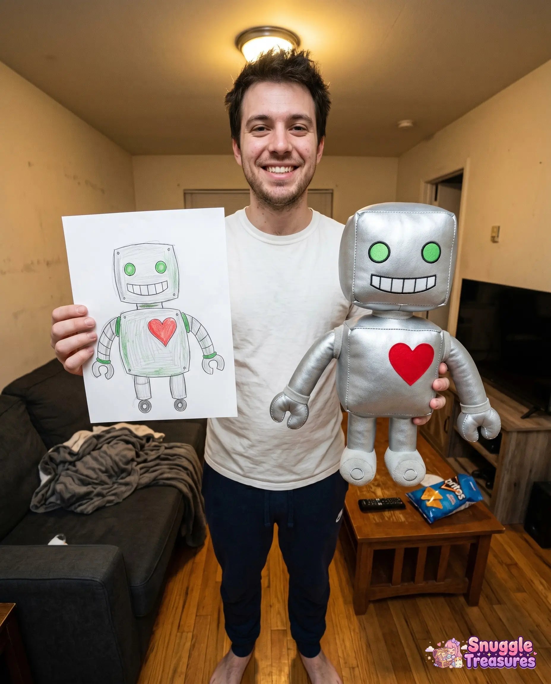 custom stuffed animal from drawing handmade plush — man holding a plush robot toy and a drawing of a robot with a heart.