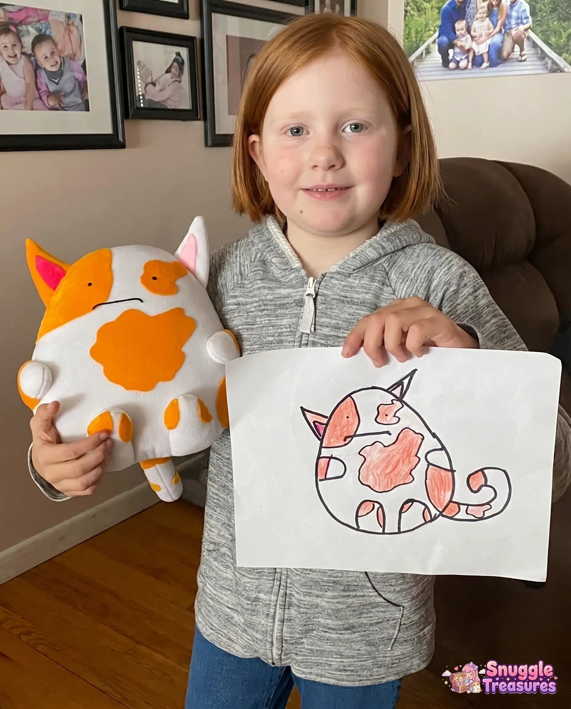 custom stuffed animal from drawing handmade plush — child holding a plush toy and a drawing of a fox in a home setting