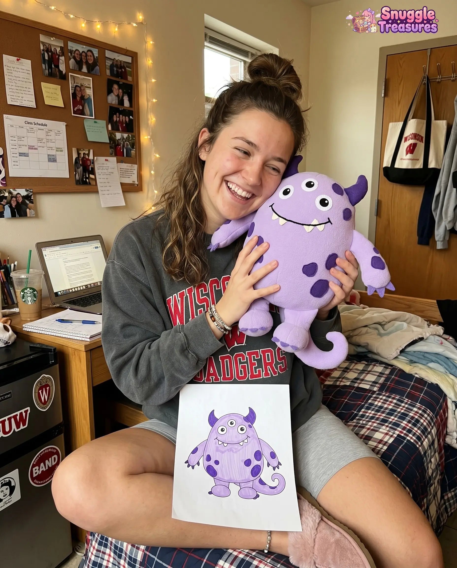 custom stuffed animal from drawing handmade plush — person holding a purple plush toy and a drawing of a similar toy in a room setting.