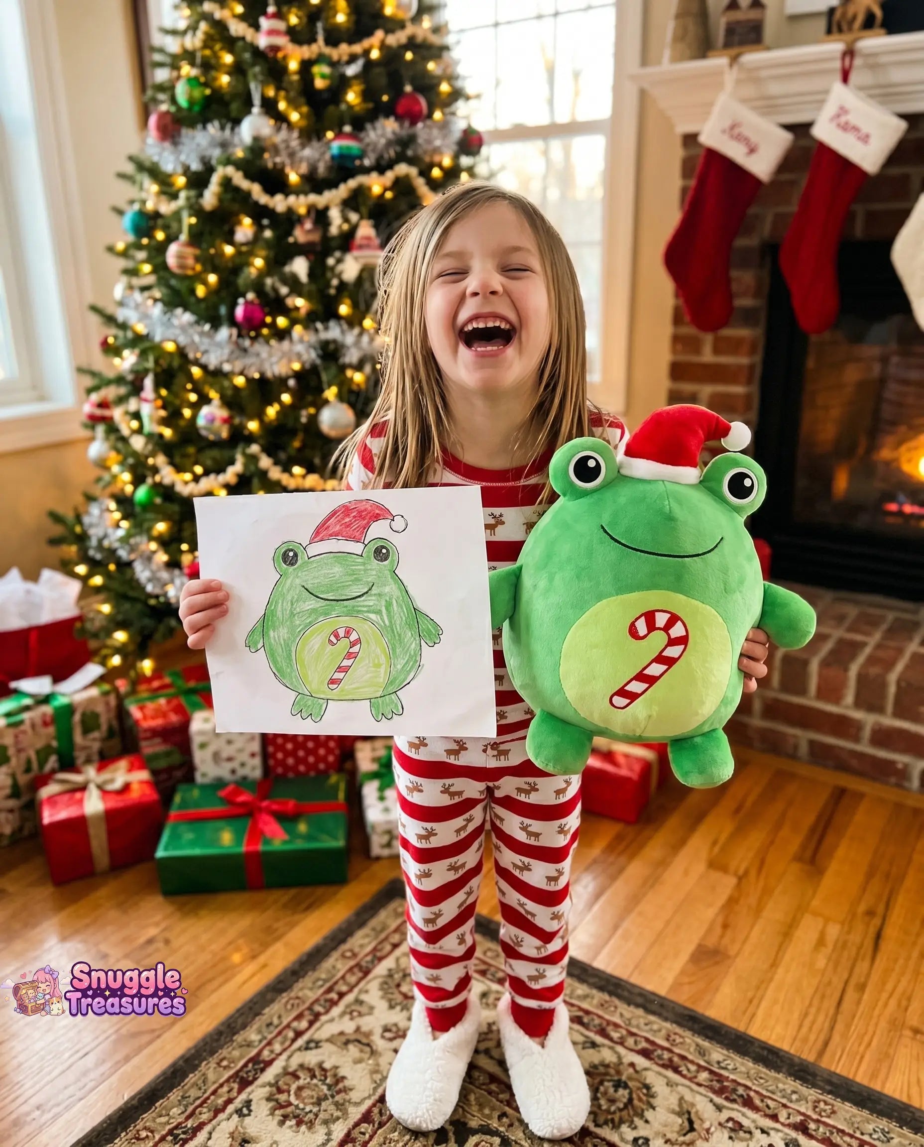custom stuffed animal from drawing handmade plush — child holding a frog plush toy and a drawing of a frog in a Christmas hat in front of a decorated Christmas tree.